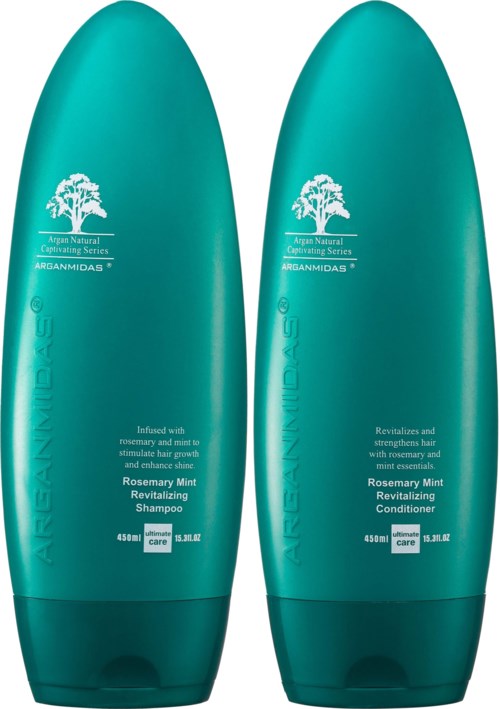 Zwei tealfarbene Flaschen der Aquair Natural Care Series, eine ist Shampoo, die andere ist Conditioner, beide mit Rosmarin-Minz-Duft.