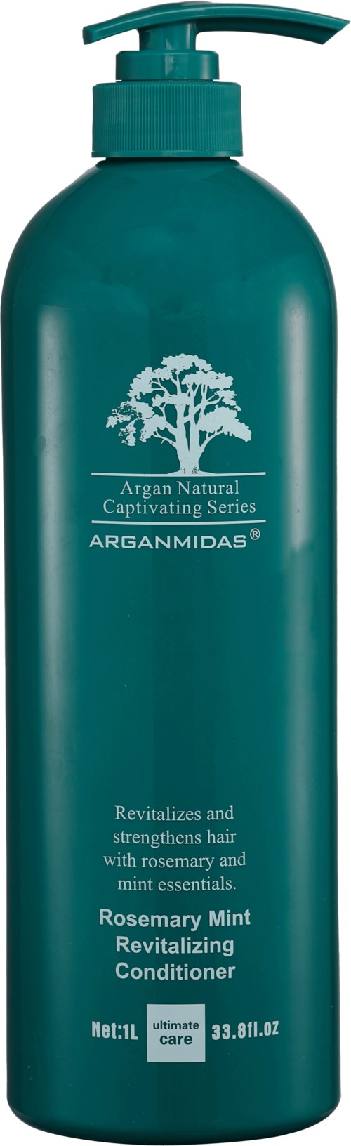 Eine grüne Flasche mit Pumpe, beschriftet als Rosmarin Minz Haarconditioner zur Belebung und Stärkung der Haare.