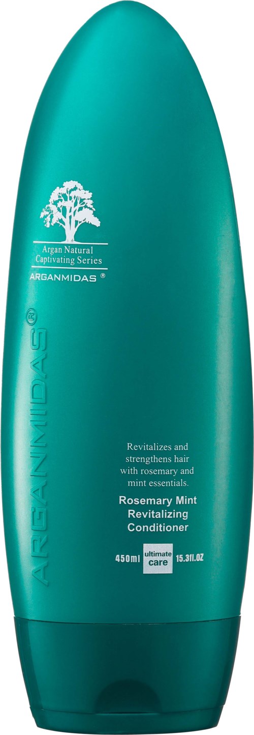 Eine lange, türkisfarbene Flasche mit der Aufschrift 'Revitalizing Conditioner' und 'Rosemary Mint' sowie einem Baumlogo.