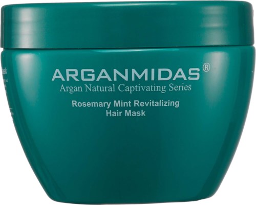 Ein grüner Behälter mit Deckel, beschriftet 'ARGANMIDAS' und 'Rosemary Mint Revitalizing Hair Mask'.