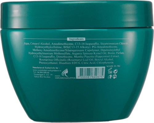 Dies ist ein türkiser Behälter mit einer Zutatenliste für ein Kosmetik- oder Hautpflegeprodukt auf der Rückseite.