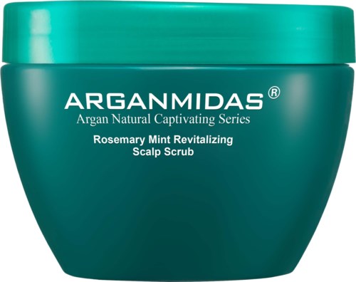 Ein grüner Behälter mit Kopfhautpeeling, ArganMidas, mit Rosmarin und Minze für Haarpflege.