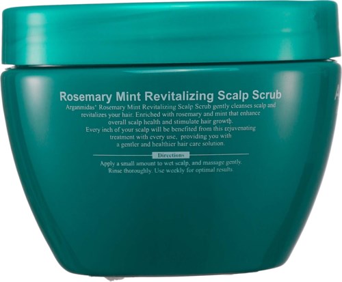 Ein grüner Behälter mit Rosemary Mint Revitalizing Scalp Scrub und Anwendungshinweisen.