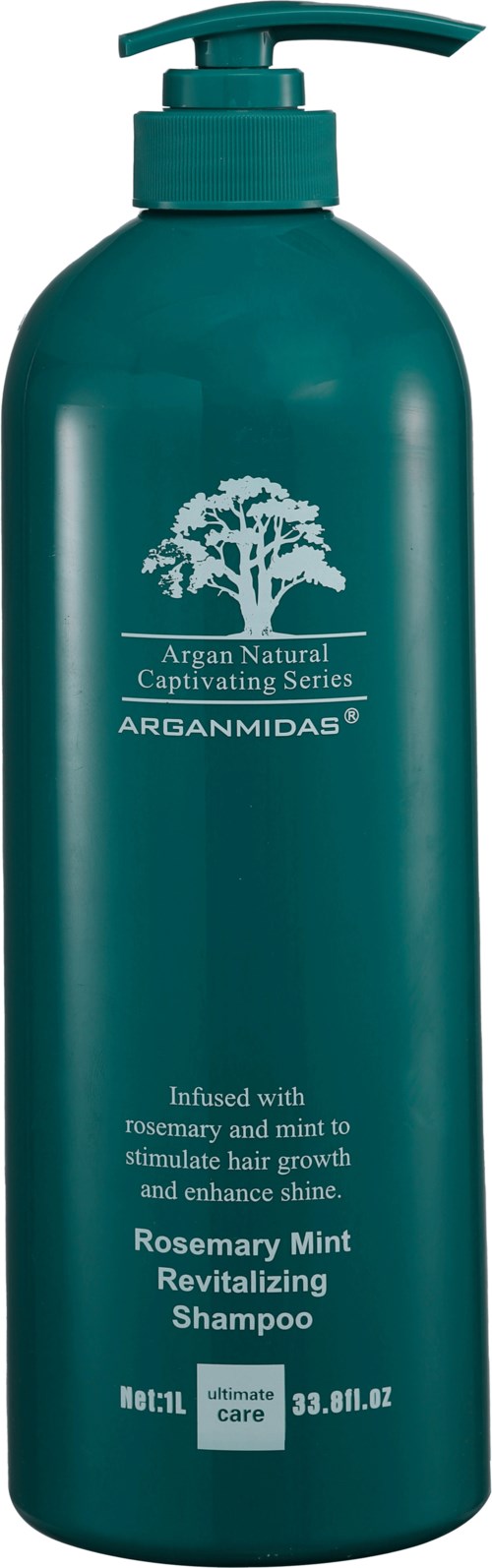 Väritön shampoo-pullo, jossa pumppu, nimeltään Rosemary Mint Revitalizing Shampoo, sisältää luonnollisia ainesosia.