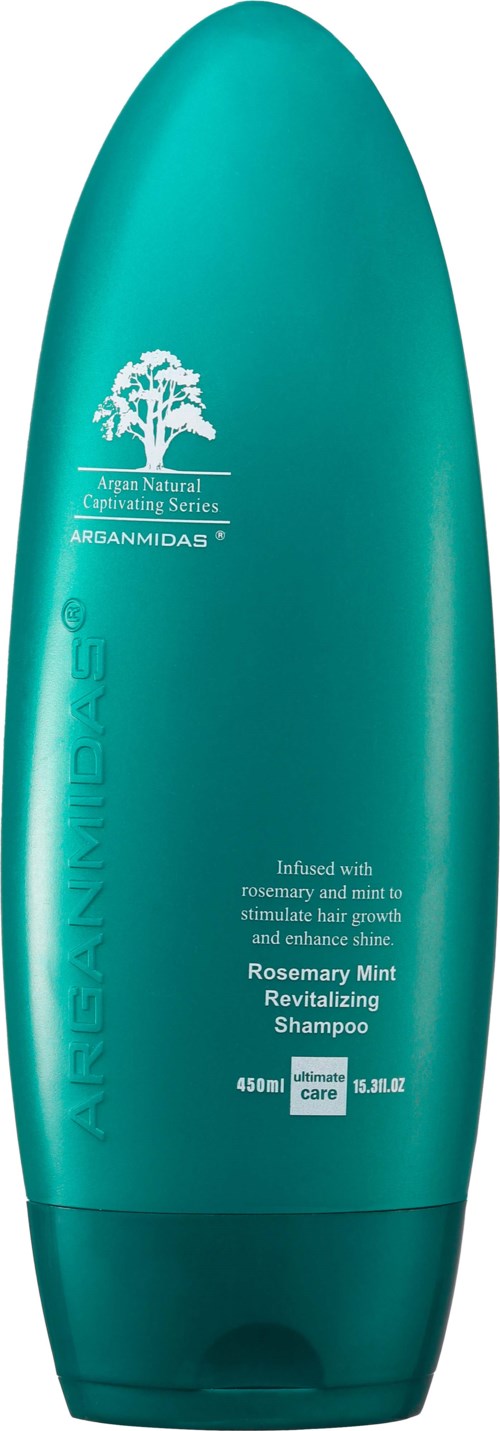 Eine türkisfarbene Shampoo-Flasche mit weißen Text und Baum-Logo, gekennzeichnet als Rosmarin-Minz revitalisierendes Shampoo.
