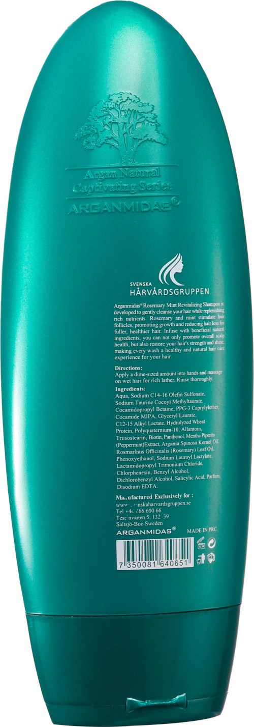 Eine blaue Flasche mit Baum-Logo oben und Text mit Inhaltsstoffen und Barcode auf der Rückseite.