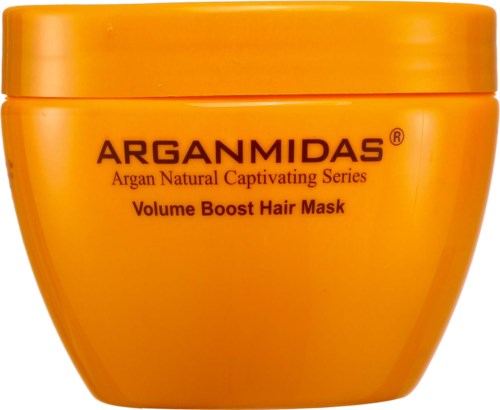 Ein leuchtend orangefarbener Behälter mit der Aufschrift Arganmidas, Volume Boost Hair Mask, Teil der Argan Natural Captivating Series.