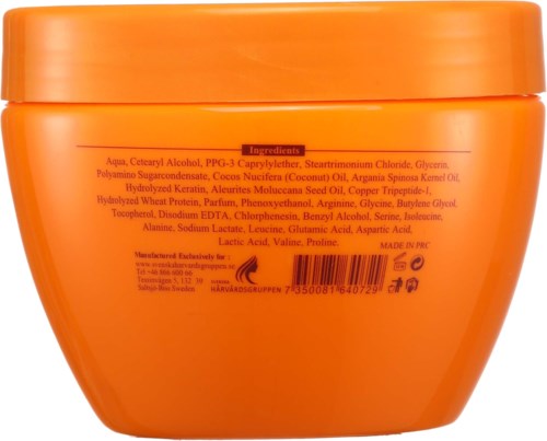 Oranger Behälter mit Zutatenliste und Barcode auf der Rückseite, wahrscheinlich für Haar- oder Hautprodukt.