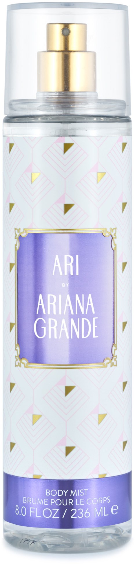 Een heldere sprayfles met een gouden spraykop. Label zegt 'ARI ARIANA GRANDE' en 'BODY MIST'.