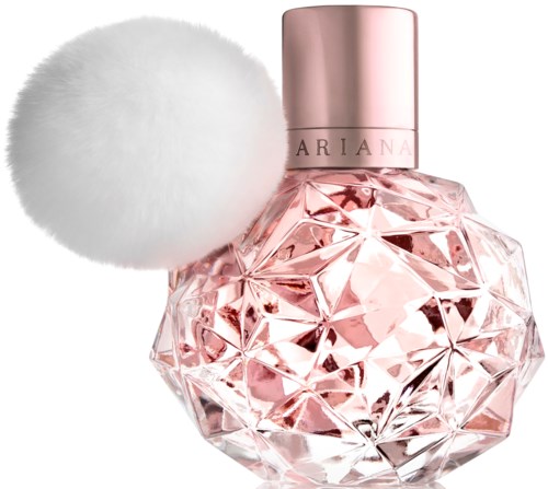 Een roze parfumfles met een grote witte pluizige bal erboven.