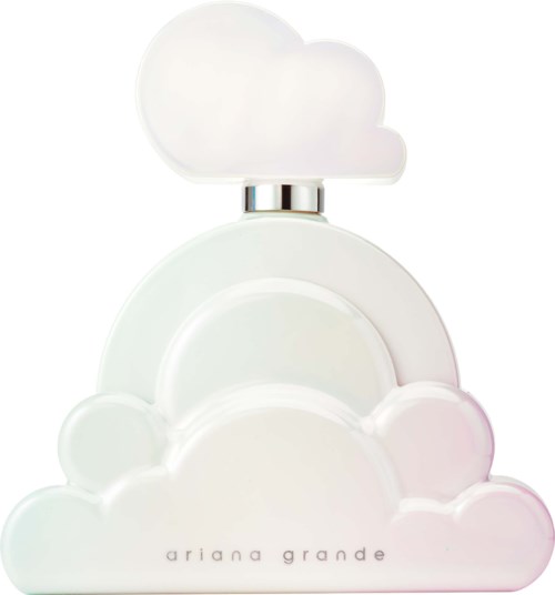 A perfume bottle shaped like a cloud with the brand name ariana grande on the front.