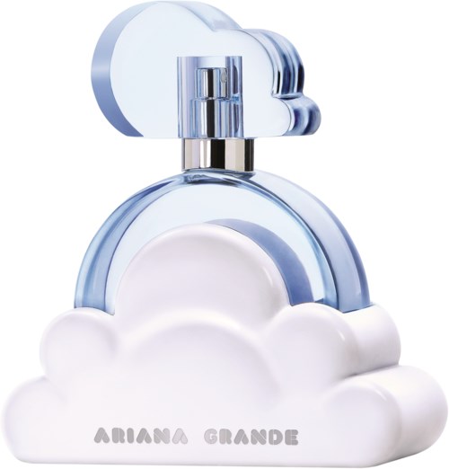 Een parfumfles in de vorm van een wolk met een zilveren spray, labeled 'Ariana Grande'.