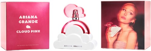 Een parfumset met een roze doos, een wolk-vormige parfumfles en een vrouw met blond haar die een cupcake vasthoudt.