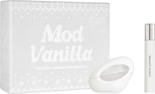 A white gift box with Mod Vanilla text, a white perfume holder, and a small spray bottle from Ariana Grande Fragrances.