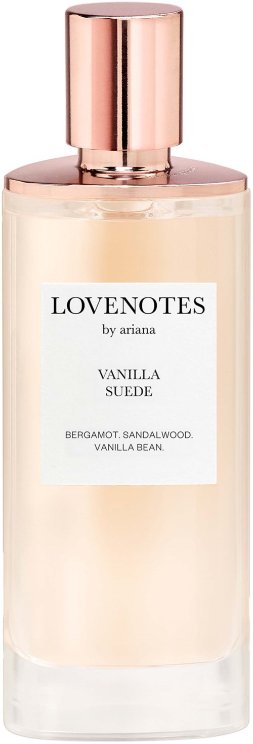 Een lange, doorzichtige fles met roségouden dop, labeled 'LOV NOTES by Ariana, Vanilla Suede.'
