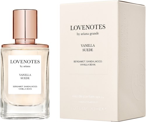 Een parfumfles en doos met label "LOVENOTES door ariana grande, Vanilla Sued" met bergamot, sandelhout en vanillebonen.