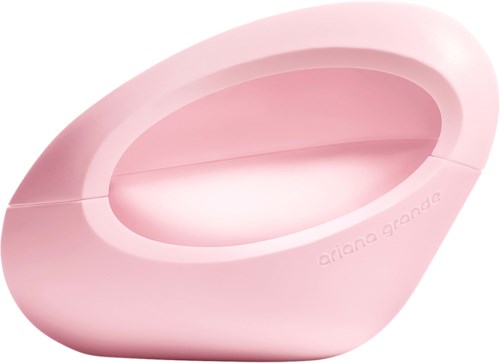 Een roze, eivormig apparaat met een glad oppervlak, gemarkeerd met "Ariana Grande" aan de zijkant.