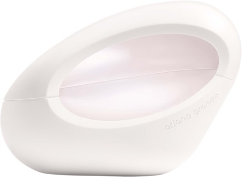 Een wit, ovaalvormig apparaat met een gloeiend binnenkant, gemarkeerd 'Ariana Grande' aan de zijkant.