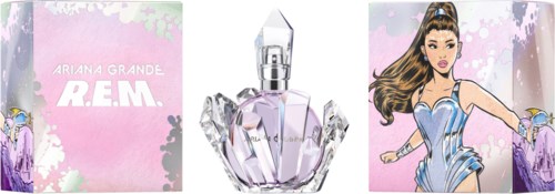 Een parfumfles tussen twee illustraties van een meisje met bloemen, met tekst Ariana Grande R.E.M. op een roze achtergrond.