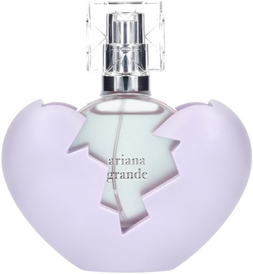 Een parfumfles in de vorm van een gebroken hart met lavendelkleuren en een doorzichtig deksel. Label zegt 'Ariana Grande.'