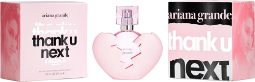 Thank U Next parfum van Ariana Grande met roze fles en verpakking.
