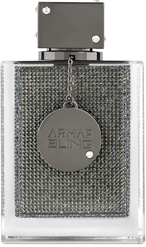 Ein Parfümflasche mit rechteckigem, durchsichtigem Design, verziert mit glänzenden, diamantähnlichen Verzierungen und einem runden Silberschild.