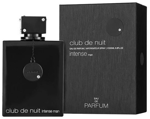 Musta tuoksupullo ja vastaava rasia, joissa lukee 'club de nuit intense man' ja 'eau de parfum' yksinkertaisissa väreissä.
