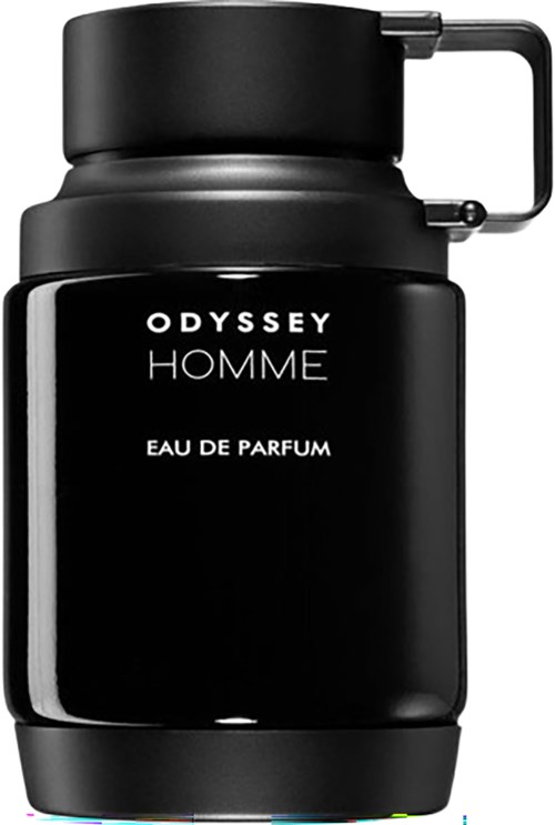 Musta pullo kahvalla, merkitty Odyssey Homme Eau de Parfum, tyylikäs ja moderni muotoilu.