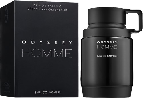 Musta tuoksupullo ja laatikko, joissa lukee 'Odyssey Homme' valkoisella tekstillä, minimalistinen muotoilu ja matta pinta.