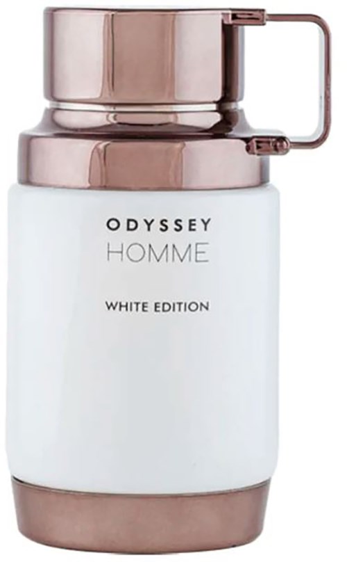 En vit och rosa-guld parfymflaska märkt Odyssey Homme White Edition.