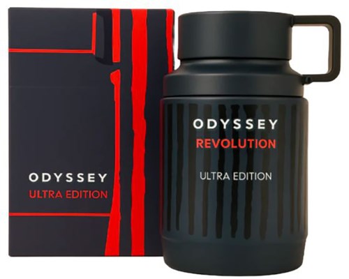 En svart termos med handtag och en låda, båda märkta "Odyssey Revolution Ultra Edition," med röda och svarta designinslag.
