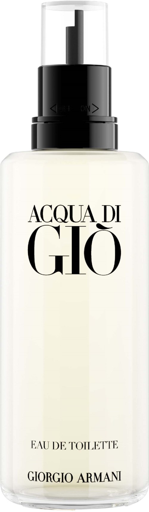 A clear bottle with black spray cap, labeled 'Acqua di Giò' and 'Giorgio Armani' for perfume.