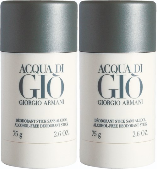 Zwei Deosticks mit dem Label 'Acqua di Gió' von Giorgio Armani, alkoholfrei, 75 Gramm jeweils, mit grauen Kappen.