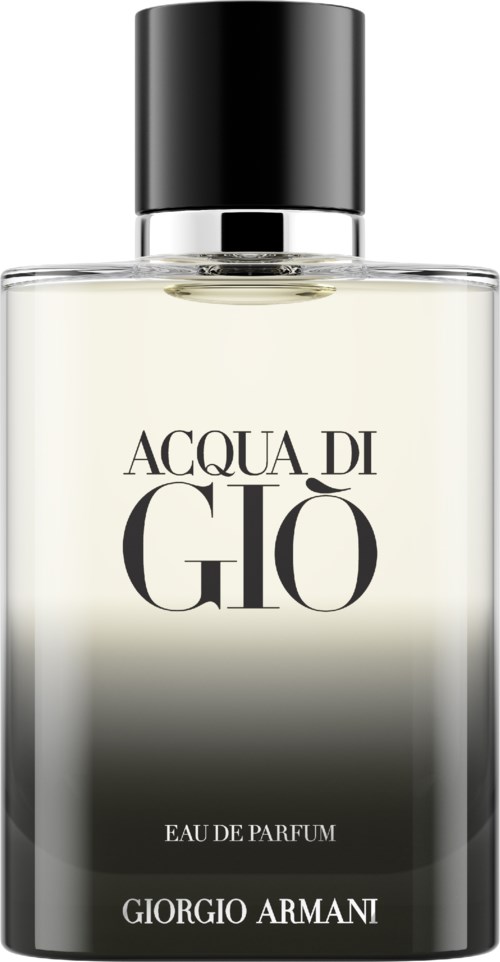 Ein Parfümflasche mit schwarzem Deckel, weißer Flüssigkeit und dem Text 'Acqua di Giò' von Giorgio Armani.