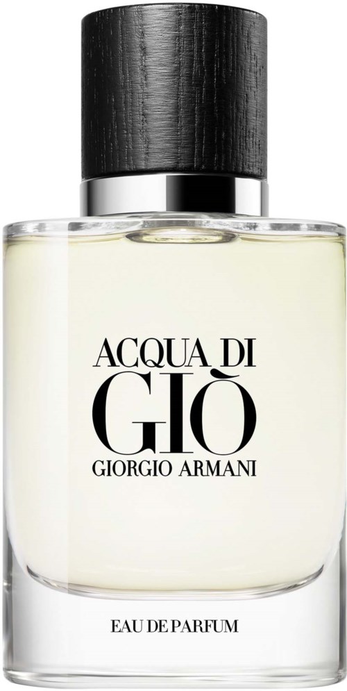 A perfume bottle with a black cap and a simple label, containing pale yellow perfume. The brand is Giorgio Armani.