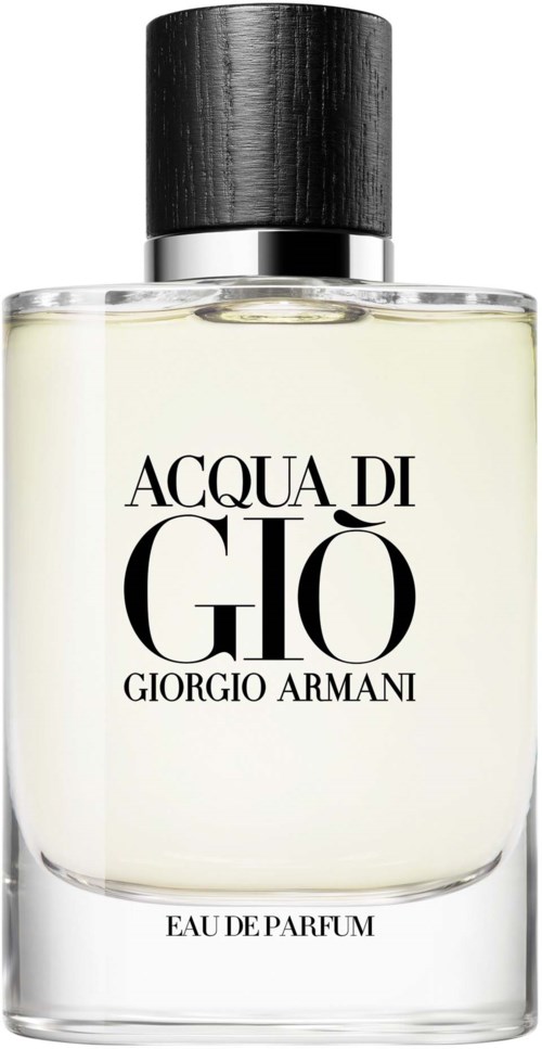 A perfume bottle with a black cap and white liquid inside. The label reads 'Acqua di Giò' by Giorgio Armani.