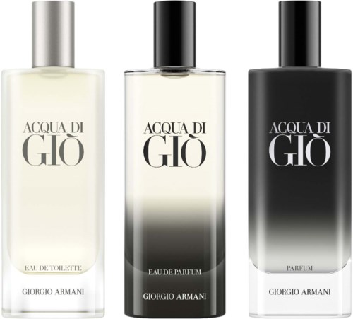 Drie Giorgio Armani-parfumflessen in verschillende kleuren: wit, verloop en zwart. Elke heeft een strakke rechthoekige vorm met een zilveren of zwarte dop.
