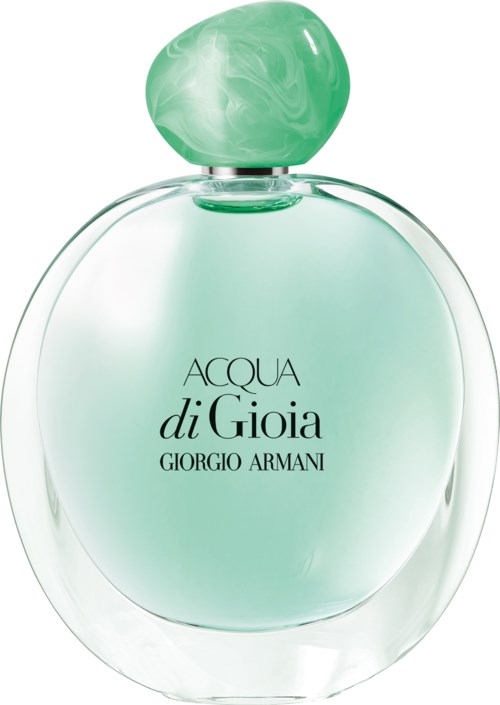 Hajuvesipullo, jossa vihreä korkki ja vaaleanvihreä neste, merkinnällä 'Acqua di Gioia' Giorgio Armani.