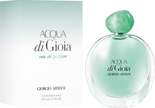 Hajuvesipullo ja laatikko, joissa lukee 'Acqua di Gioia' Giorgio Armani, vaaleanvihreät värit ja pyöreä korkki.