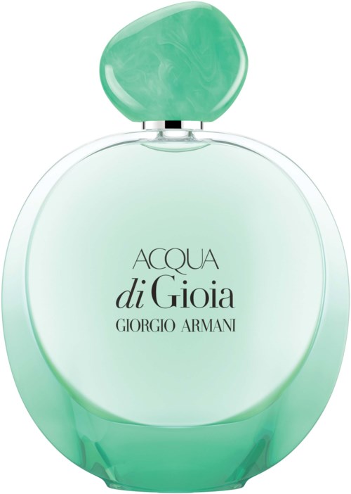 Ein Parfümflasche mit rundem, grünen Verschluss und hellgrünem Körper, beschriftet 'ACQUA di Gioia Giorgio Armani.'