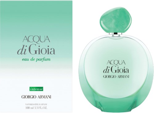 Ein Parfümflasche in Grün, vor einer passenden Box, gekennzeichnet mit Acqua di Gioia von Giorgio Armani.