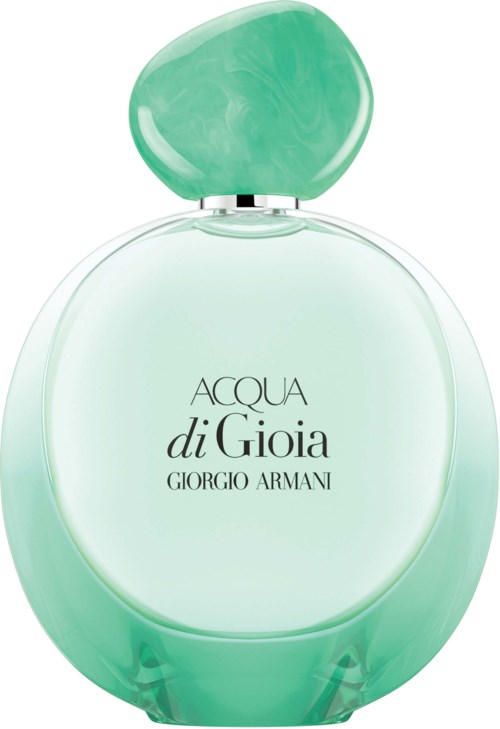 Een lichtgroene parfumfles met een ronde, onregelmatige dop en duidelijke Giorgio Armani's Acqua di Giò logo.