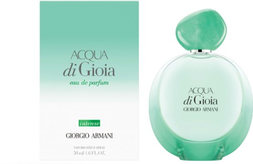 Een parfumfles en doos beide met 'Acqua di Gioia' van Giorgio Armani, groen kleurig en elegant ontwerp.