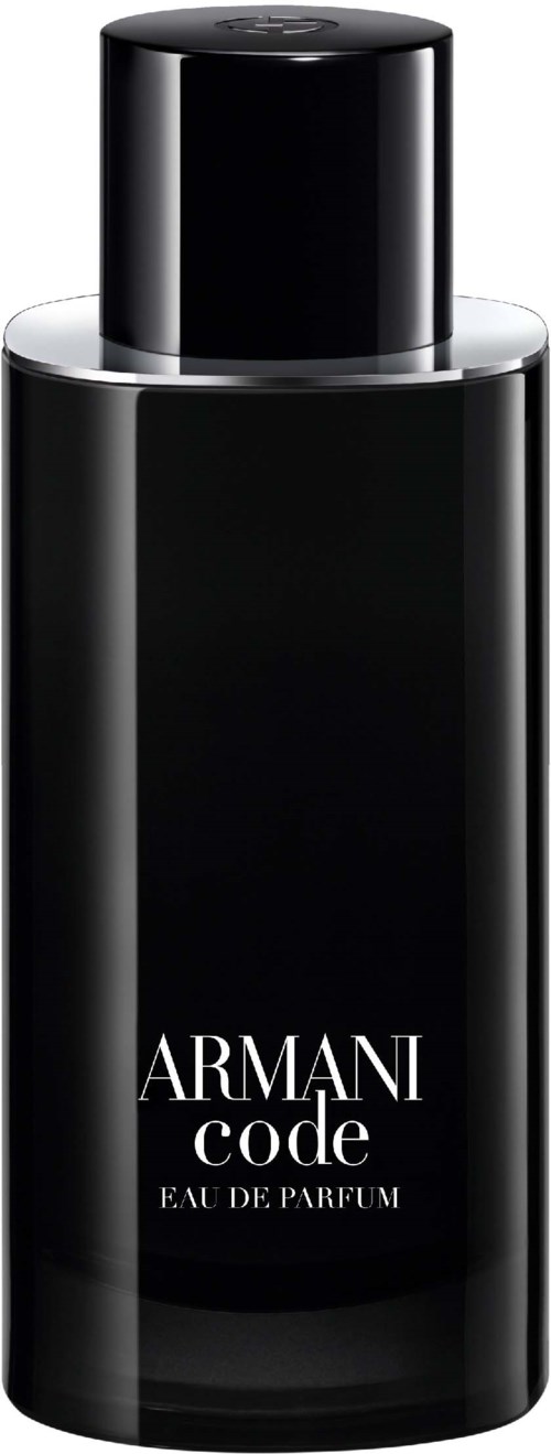 A black Armani Code perfume bottle with a sleek, cylindrical shape and a shiny cap.