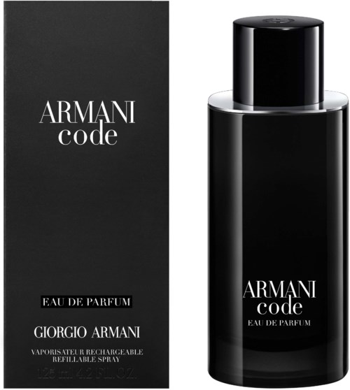 A black perfume bottle with a matching black box, both labeled 'Armani Code Eau de Parfum' by Giorgio Armani.