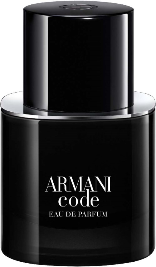 A black perfume bottle with white text saying 'ARMANI code Eau de Parfum'. Sleek and elegant design.