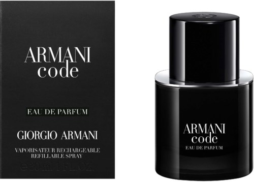 A black perfume bottle and box with white text, titled Armani Code, for Giorgio Armani's refillable spray.