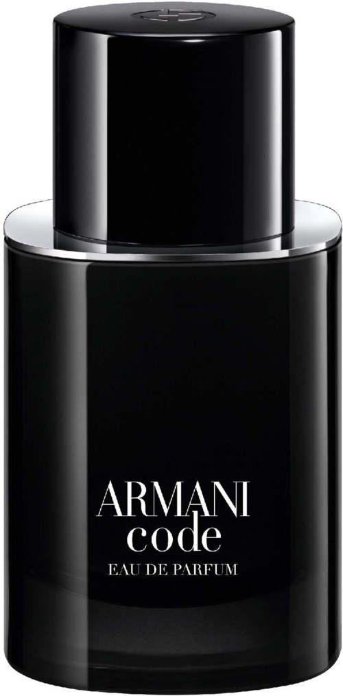 A black perfume bottle with a sleek design and the words "ARMANI code Eau de Parfum" written on it.