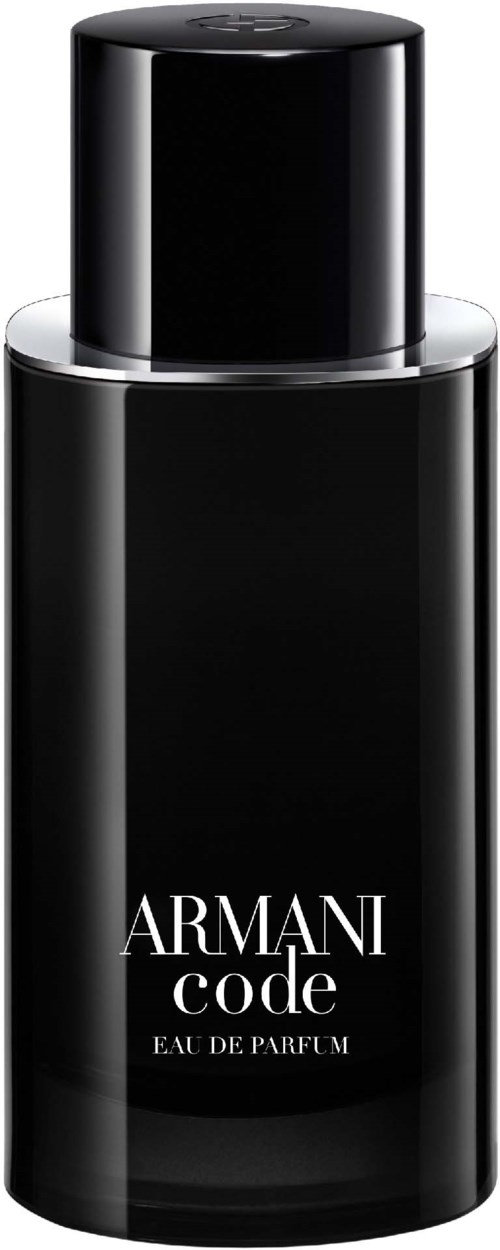 Black bottle with white text for Armani Code perfume, featuring a simple, sleek design.