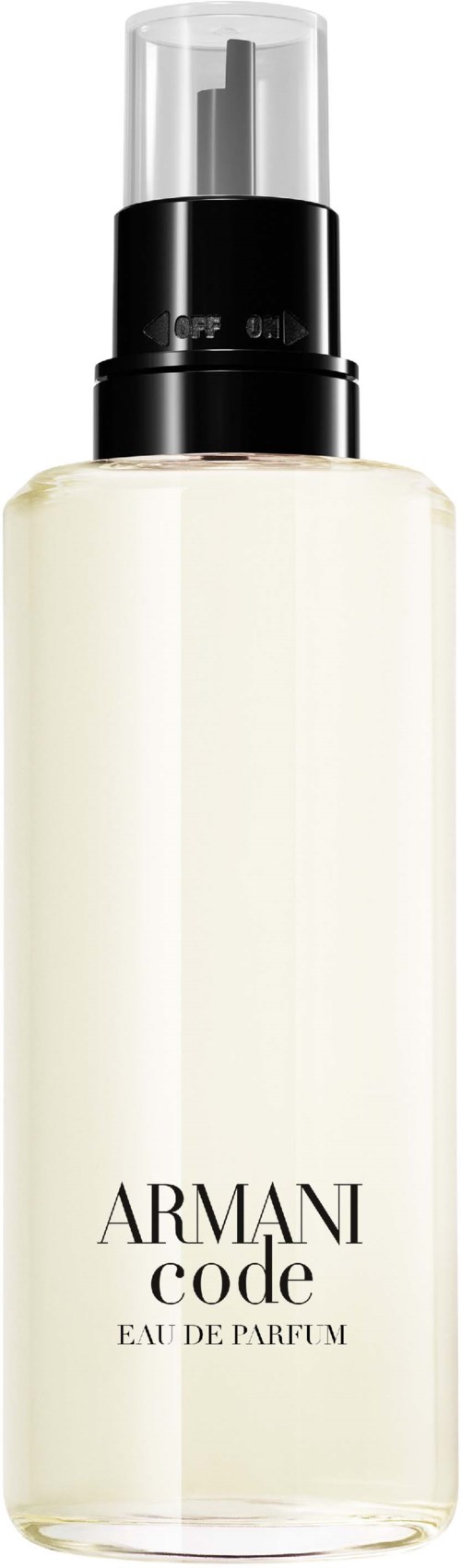 A white bottle with a black spray top labeled 'Armani Code Eau de Parfum'.